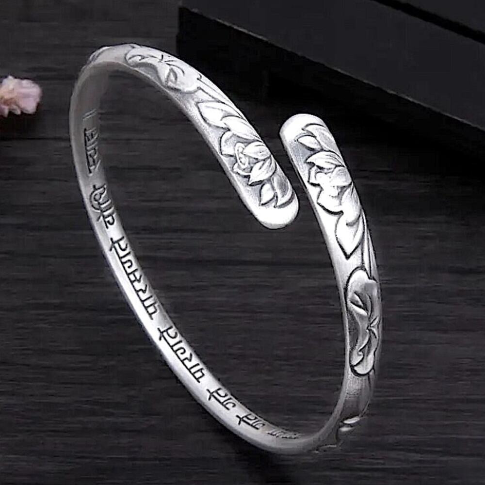 Sterling Silver Lotus Mantra Bangle Bracelet